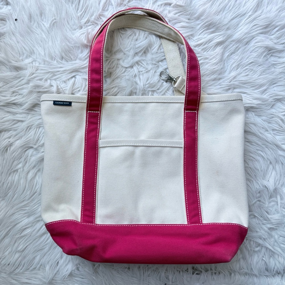 VTG 90s Lands End Canvas Boat Tote Bag Nantucket Preppy Nautical Red Pockets